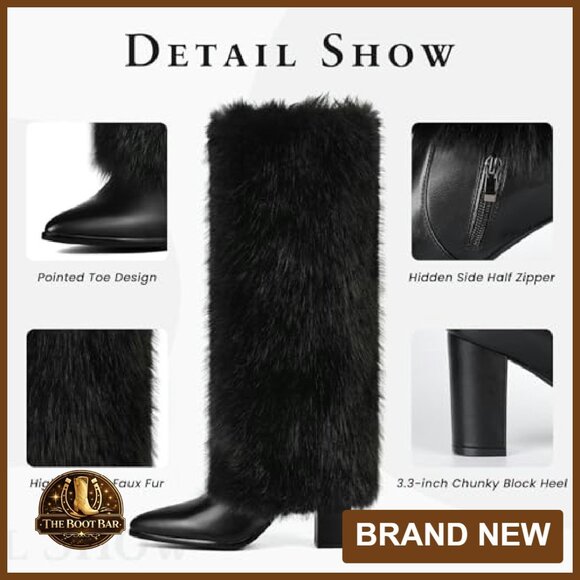 3.3-Inch Chunky Heel Knee High Faux Fur Boots Wide Calf Side Zipper - Picture 6 of 8